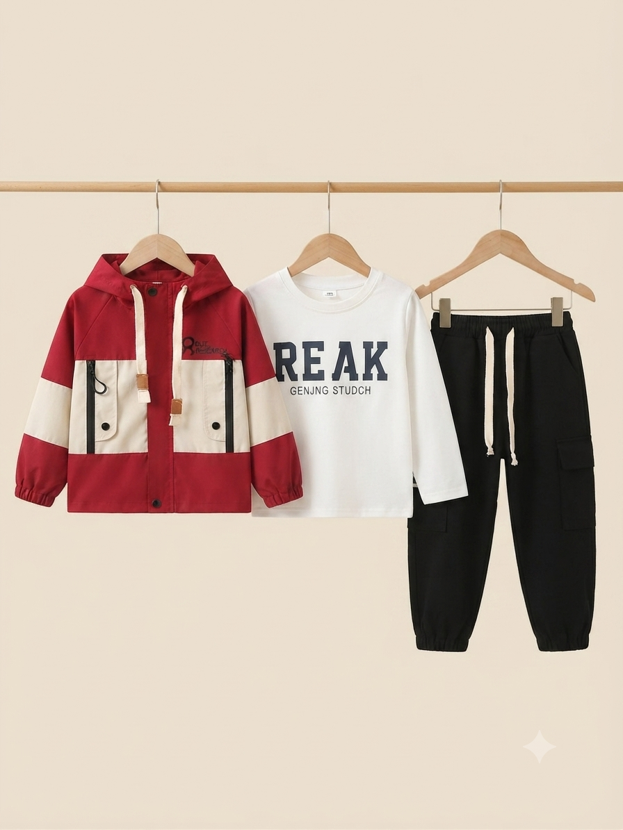 Kids 3 Piece Stylish Winter Outfit Set With Hooded Jacket Shirt And Comfortable Pants