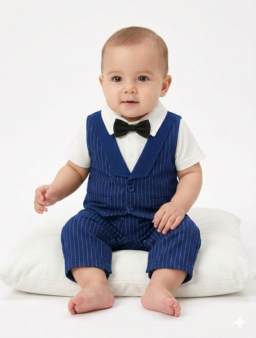 Baby Boys' Formal Pinstripe Gentleman Romper with Vest and Matching Bow Tie Set