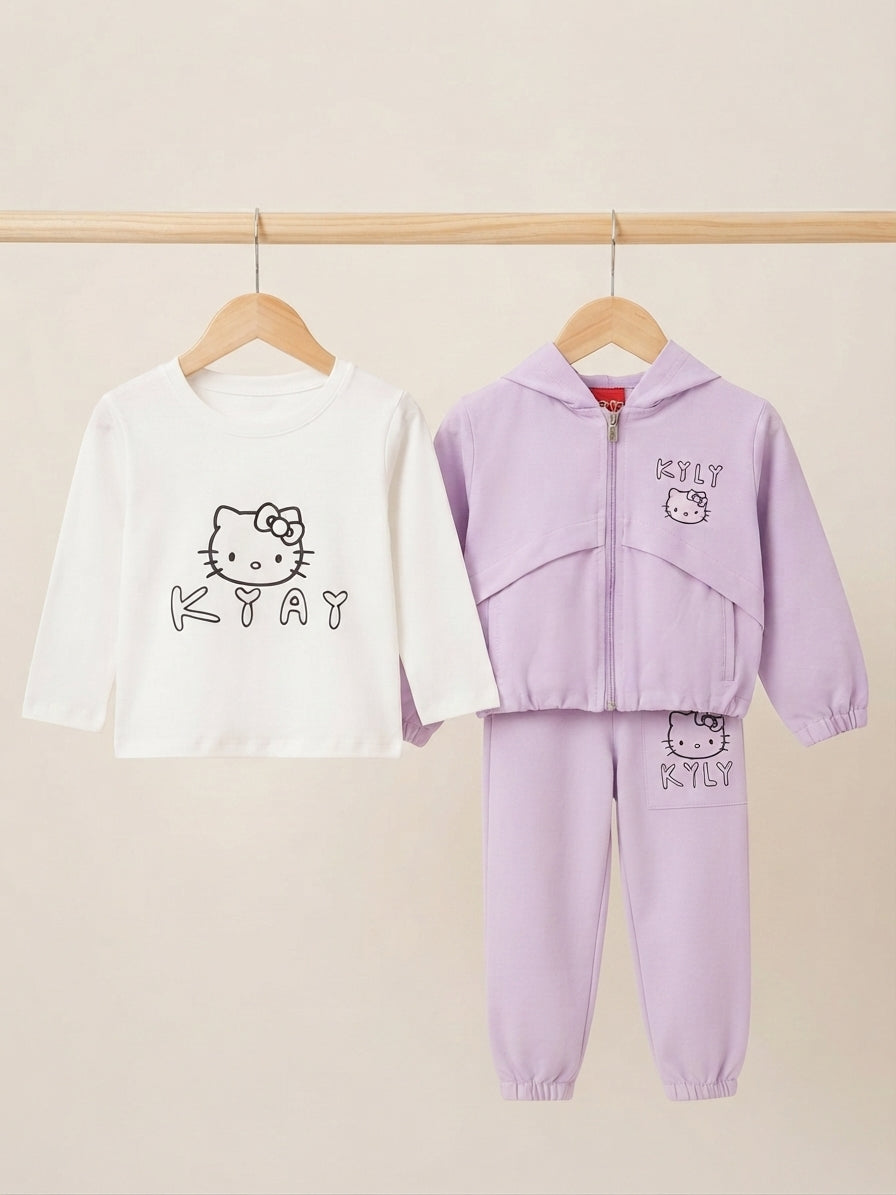 Kids cute 3 piece character tracksuit set with hoodie, inner t shirt, and trousers.