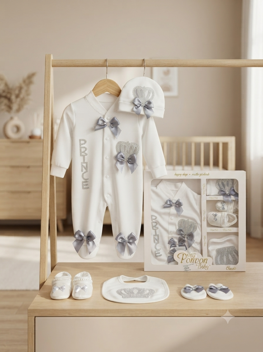Prince Newborn Baby Gift Set Romper With Cap Mittens Booties And Bib