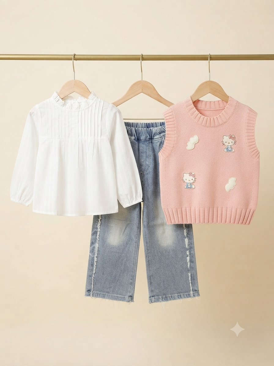 Cute Girls Three Piece Outfit With White Blouse Blue Denim Jeans And Knit Vest
