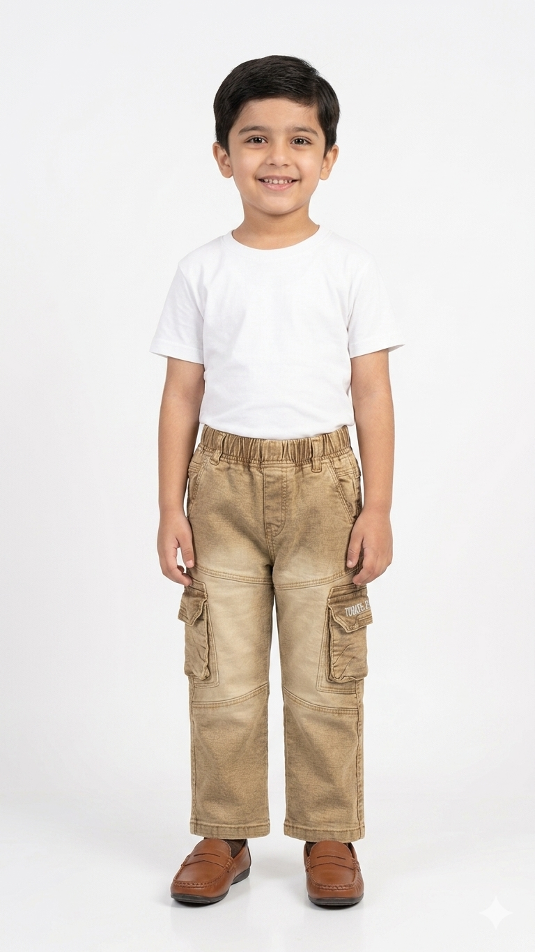Boys Blue Denim Cargo Jeans Elastic Waist Wide Leg Casual Pocket Trousers for Kids