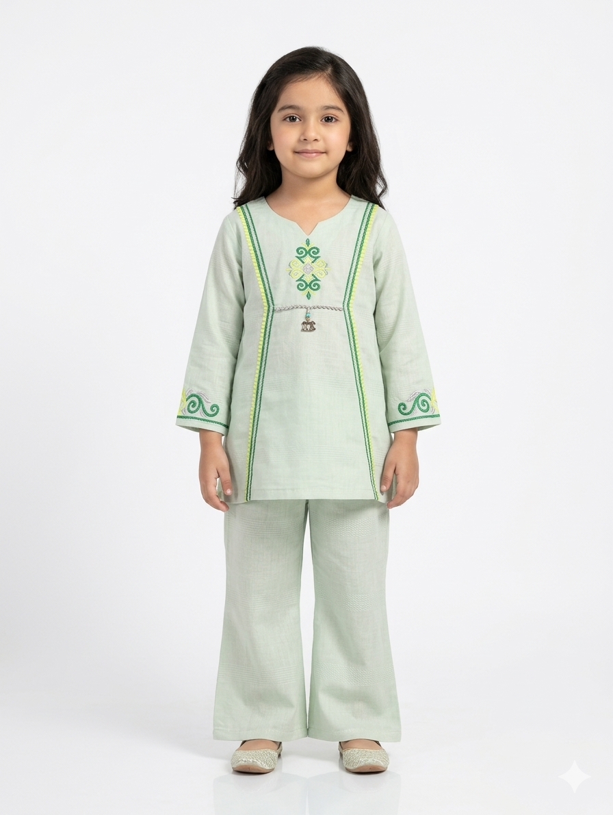 Kids' Mint Green Embroidered Cotton Kurta Set with Stylish Flared Trousers for Festive Occasions