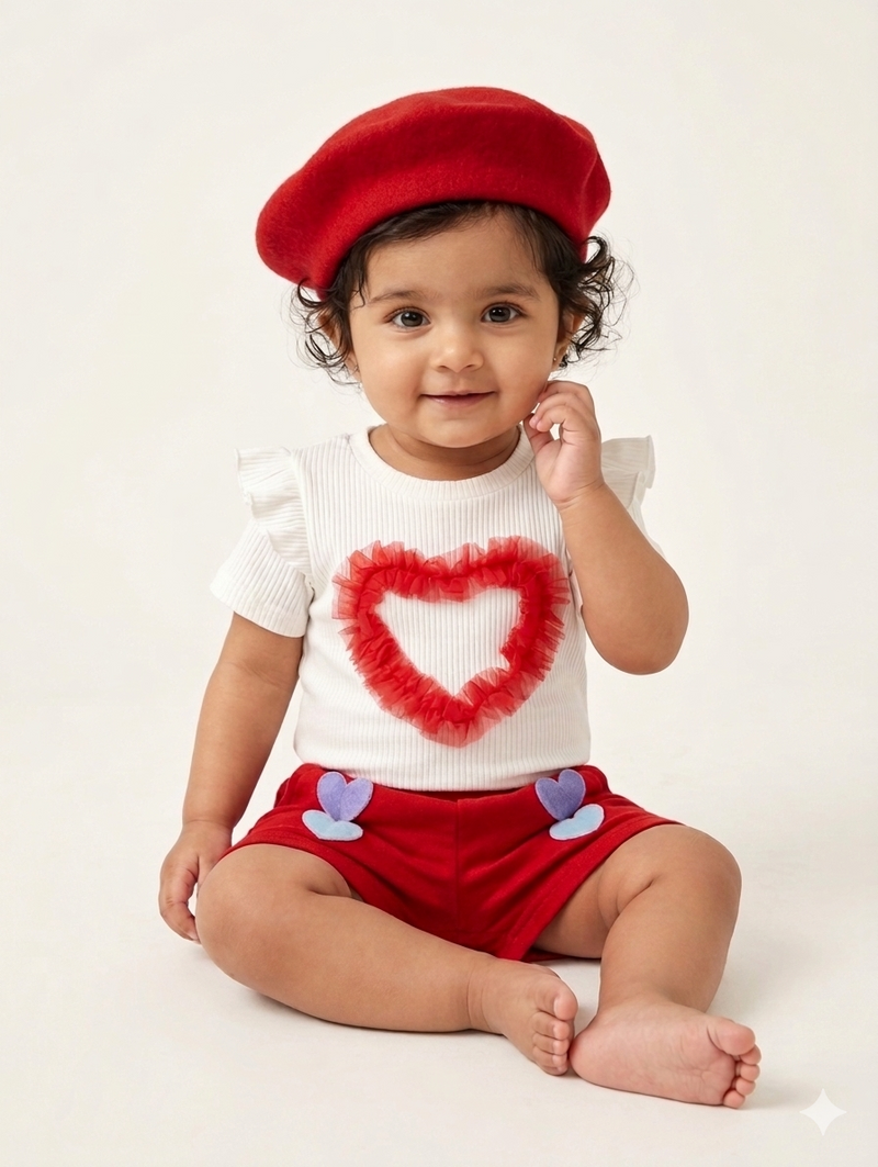 Baby Girls Red Heart Ruffle Ribbed Top and Shorts Set with Matching Red Beret
