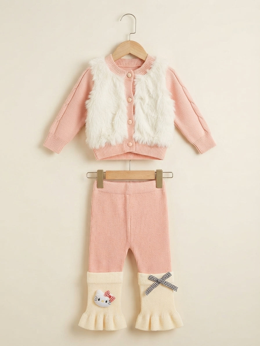 Cozy Girls Pearl Collar Fuzzy Cardigan and Ruffled Bow Pants Winter Outfit Set