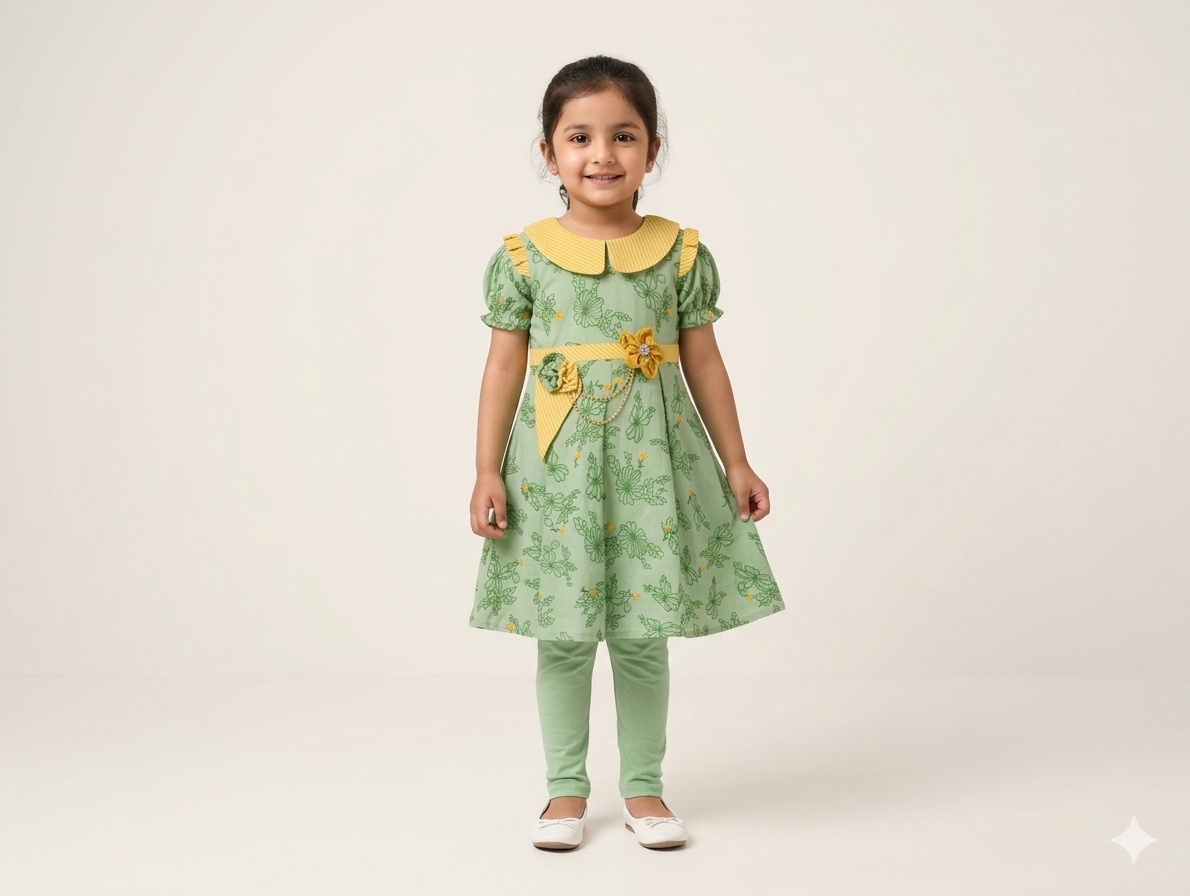 Elegant Floral Printed Girls' Cotton Frock and Leggings Two-Piece Set in Green and Yellow
