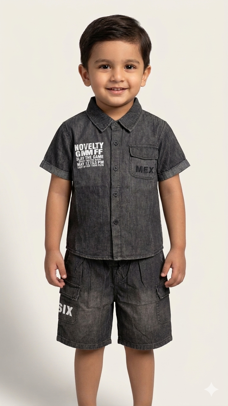 Boys Premium Charcoal Grey Denim Printed Button Up Shirt Cargo Shorts Two Piece Set