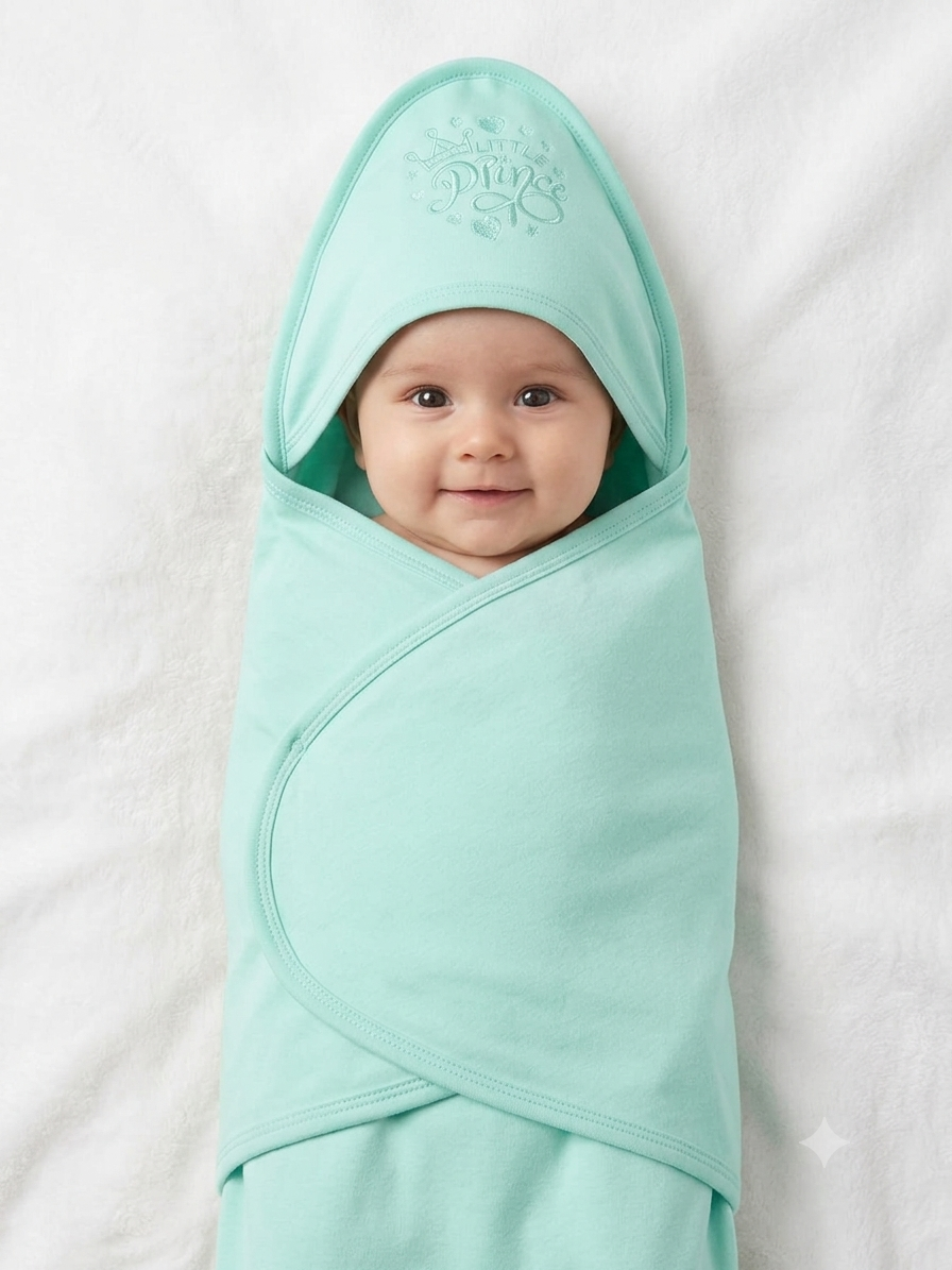 Premium Soft Cotton Hooded Baby Swaddle Blanket With Cute Little Prince Embroidery Design