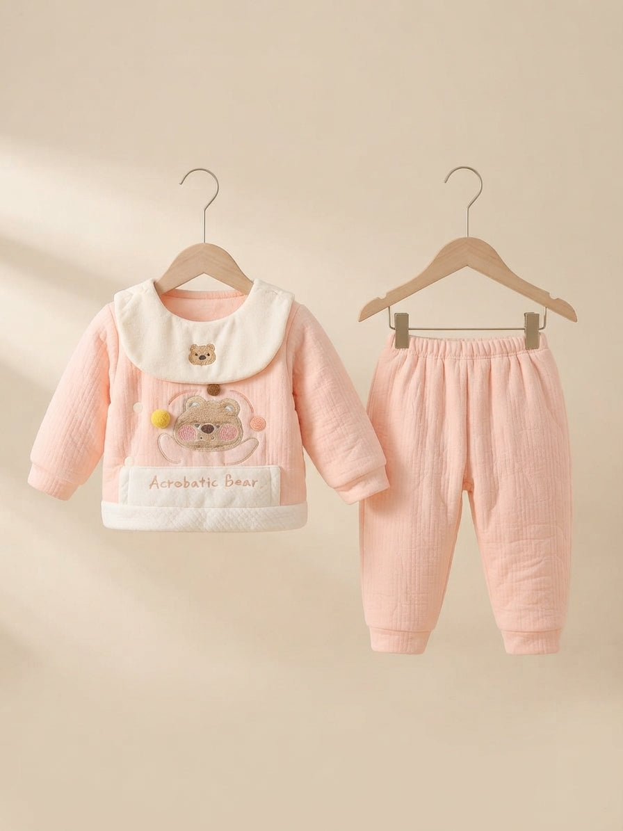 Acrobatic Bear Winter Quilted Cotton Shirt And Trouser Set For Baby Boys And Girls