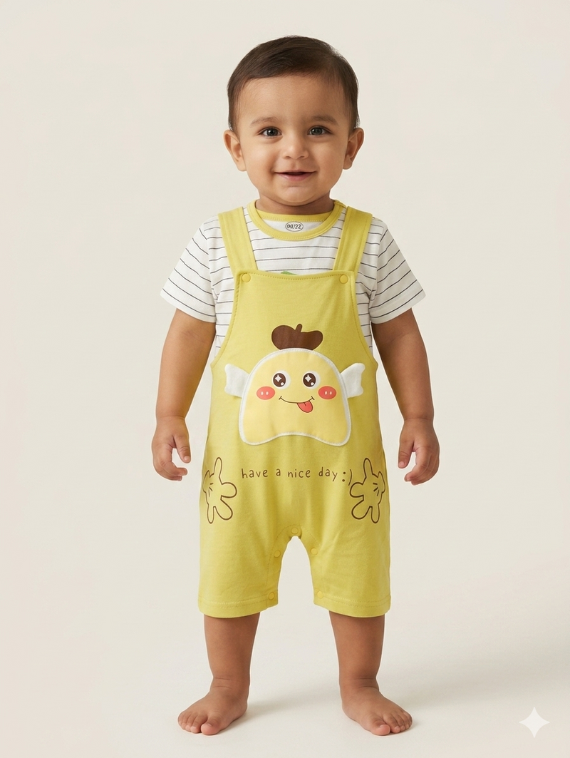 Adorable Baby Boy Two Piece Striped T-Shirt and Cartoon Character Overalls Short Romper Set