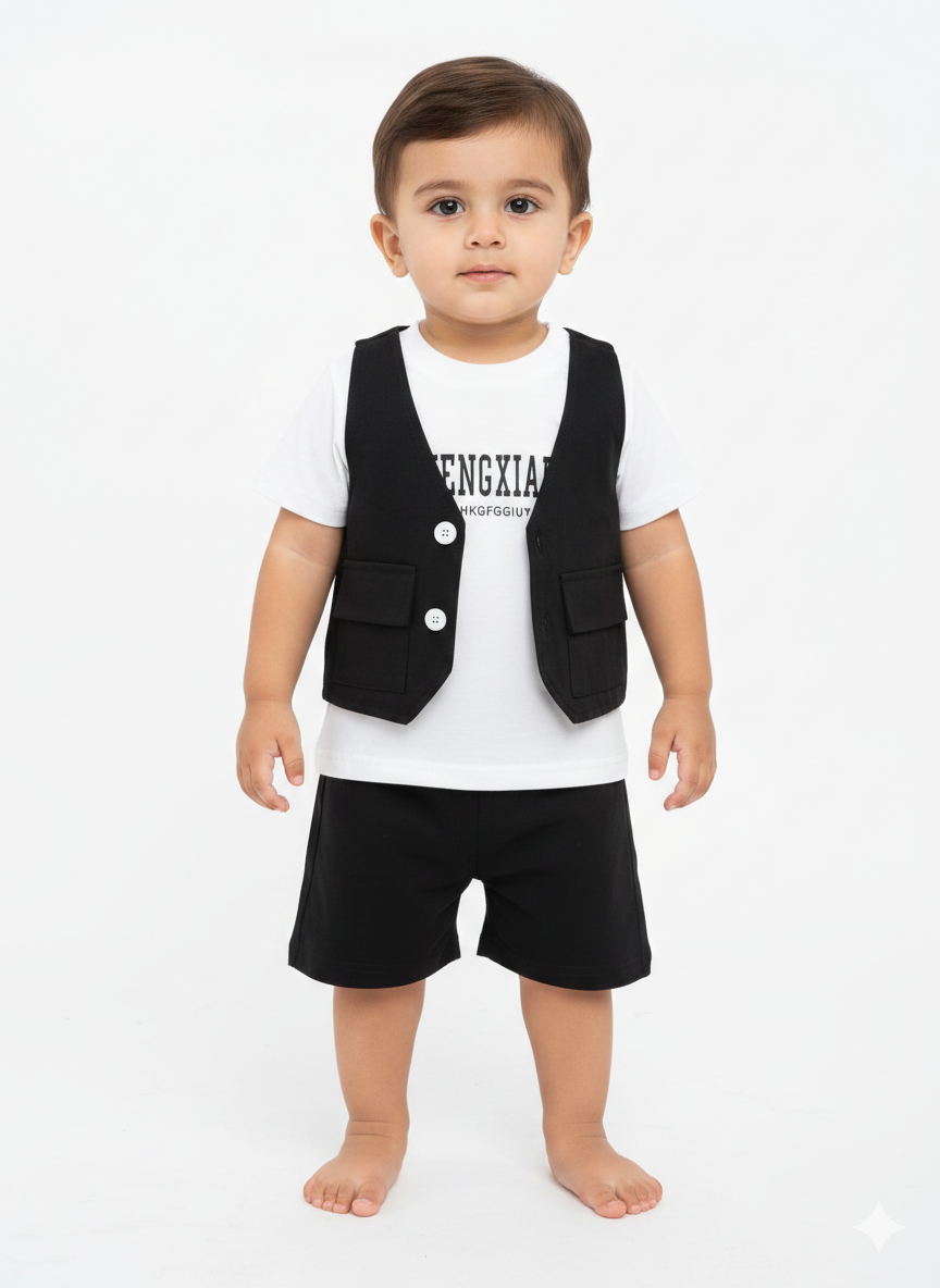 Toddler Boy Formal Three-Piece Vest Set - Graphic Tee, Waistcoat, and Tailored Shorts Outfit