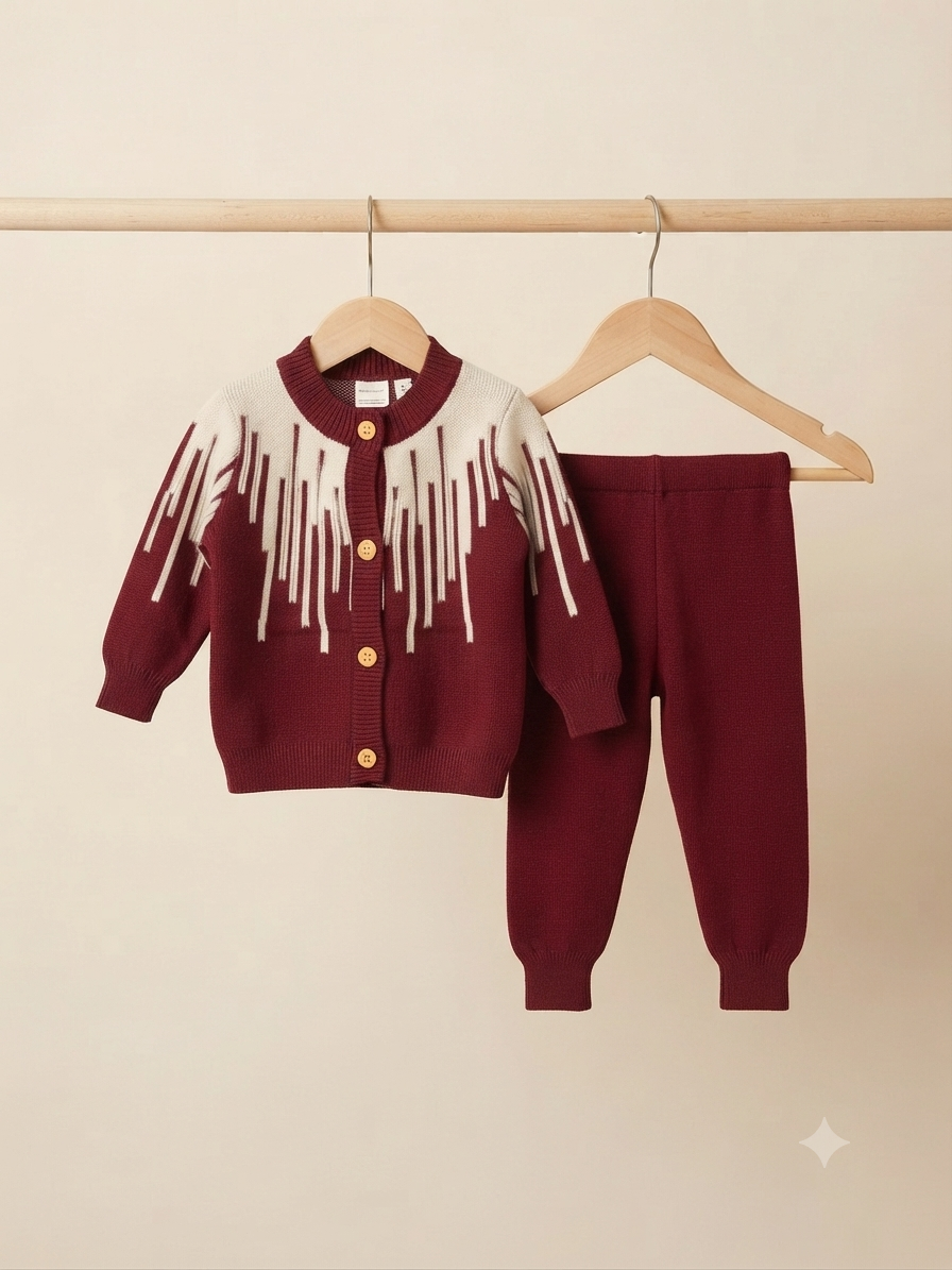 Stylish Kids Winter Knitted Button Closure Cardigan And Full Length Trouser Set