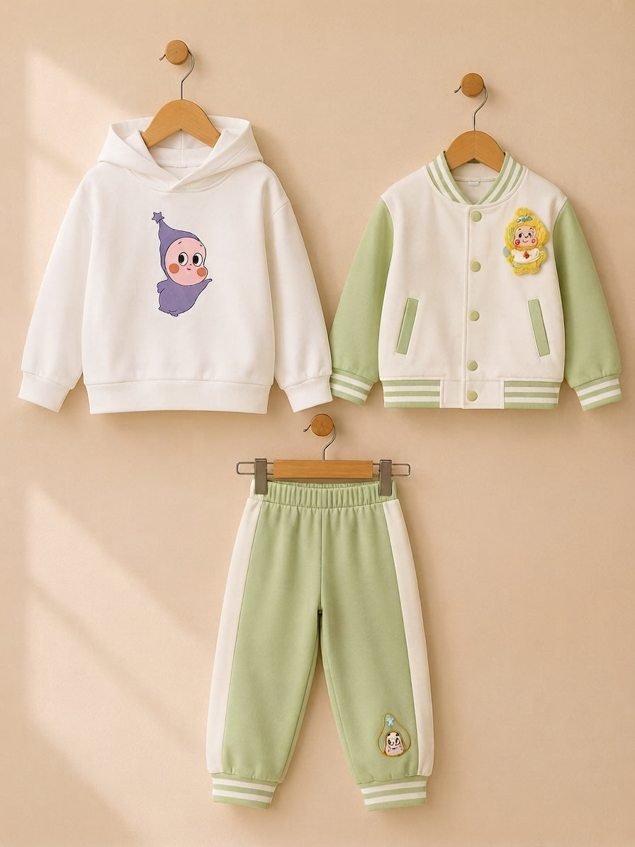 Stylish Boys Three Piece Winter Outfit Featuring Printed Hoodie Matching Trouser And Bomber Jacket