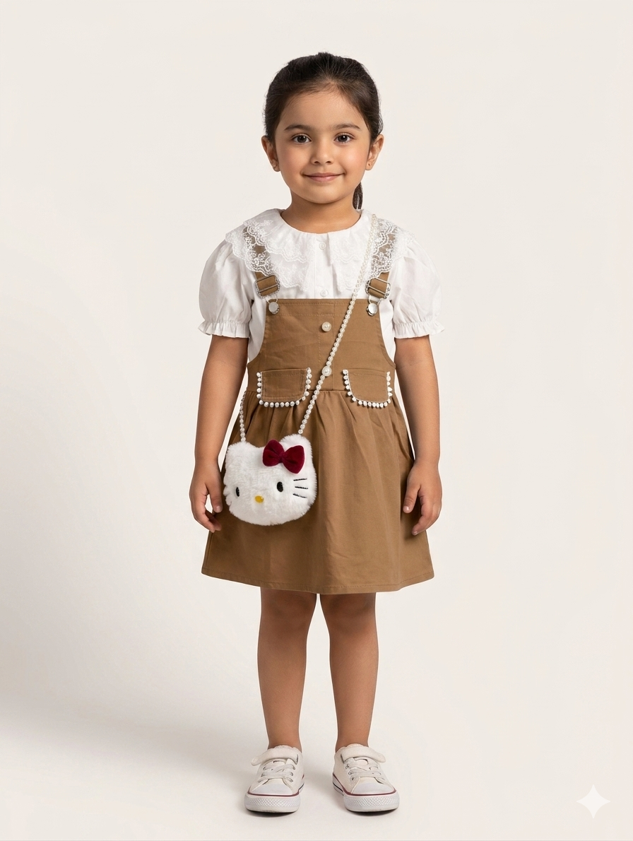Toddler Girls Lace Collar Blouse and Overall Dress Set with Plush Character Crossbody Bag
