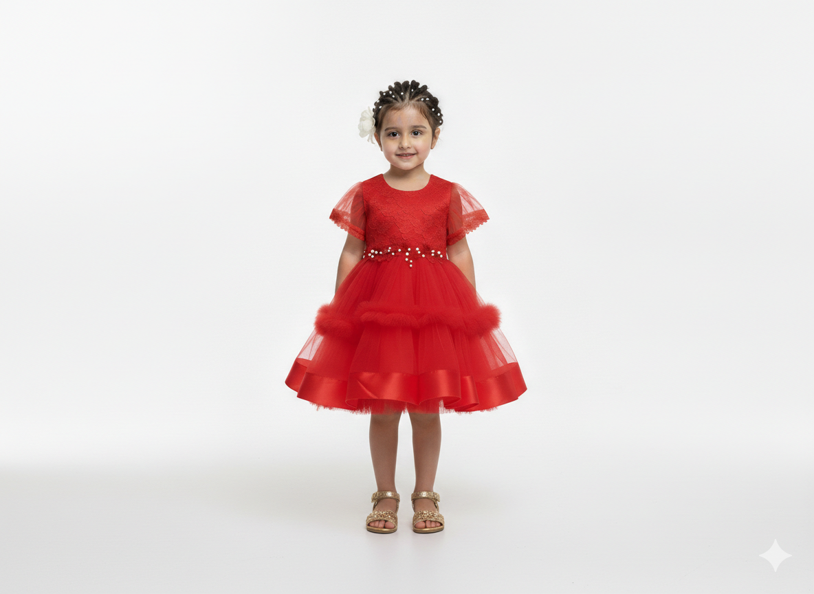 Elegant Girls' Tiered Tulle Party Dress with Lace Bodice and Pearl Waist Detail