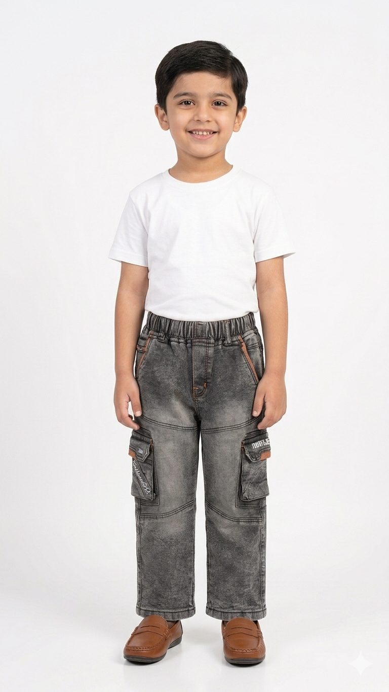 Boys Blue Denim Cargo Jeans Elastic Waist Wide Leg Casual Pocket Trousers for Kids