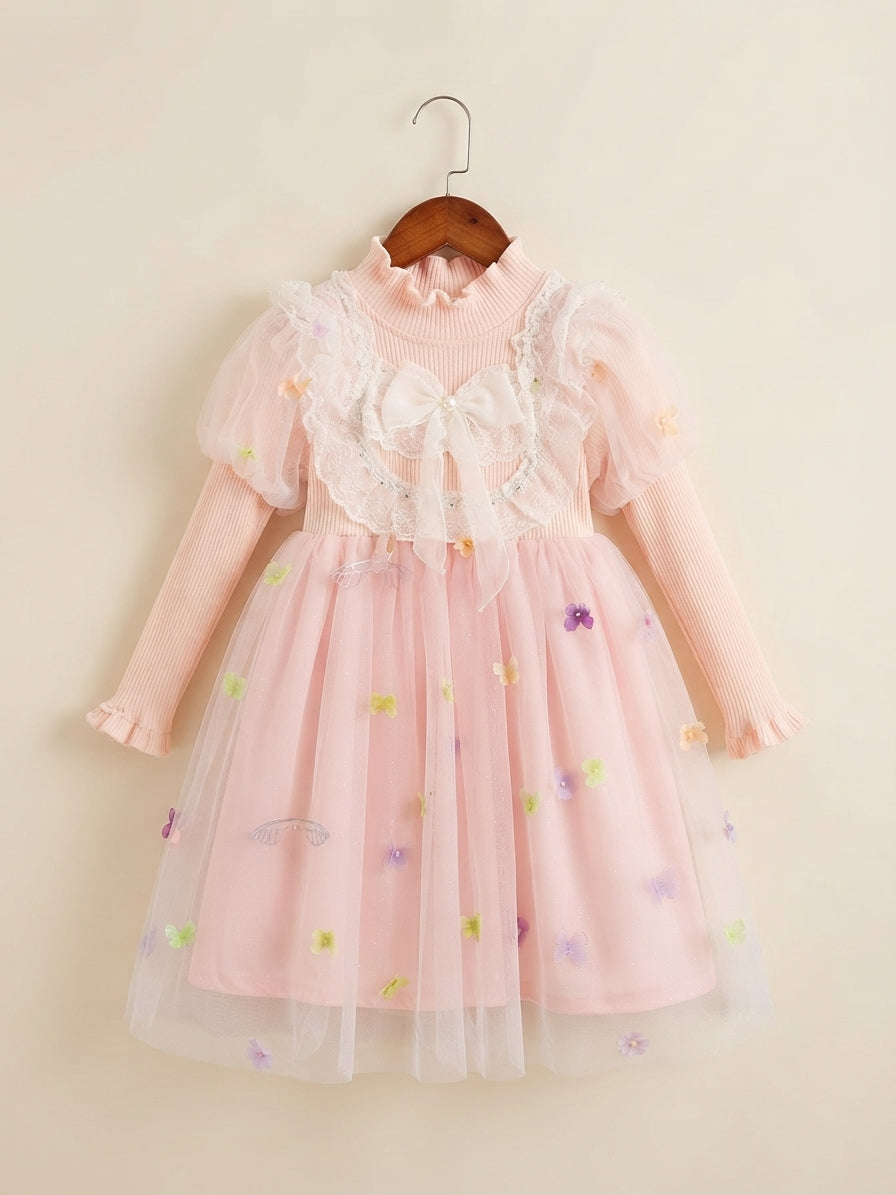 Elegant Winter Sequins Bow Long Sleeve Mesh Party Dress For Cute Little Girls