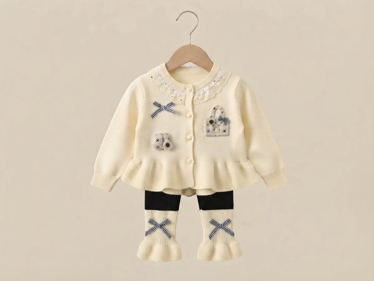 Cute Baby Girls Knitted Ruffle Cardigan And Trouser Set With Sweet Accents