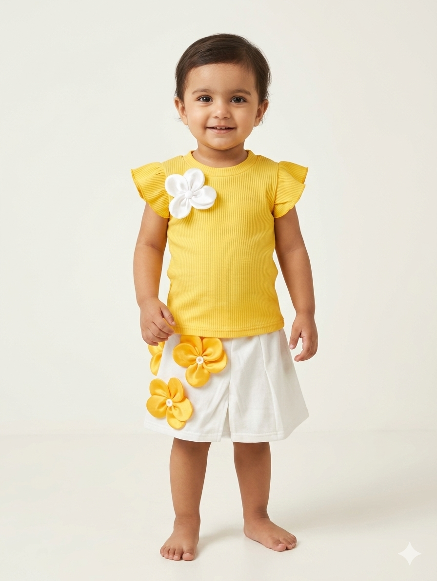 Toddler Girls' Ribbed Petal Sleeve Tee and 3D Flower Appliqué Skirt Set in Three Colors