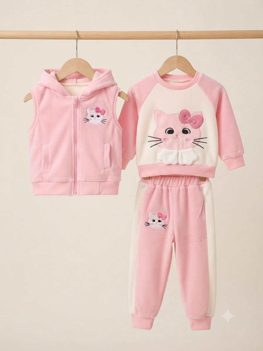 Cute Baby Pink Winter Velvet Outfit Set With Hooded Vest And Matching Trousers