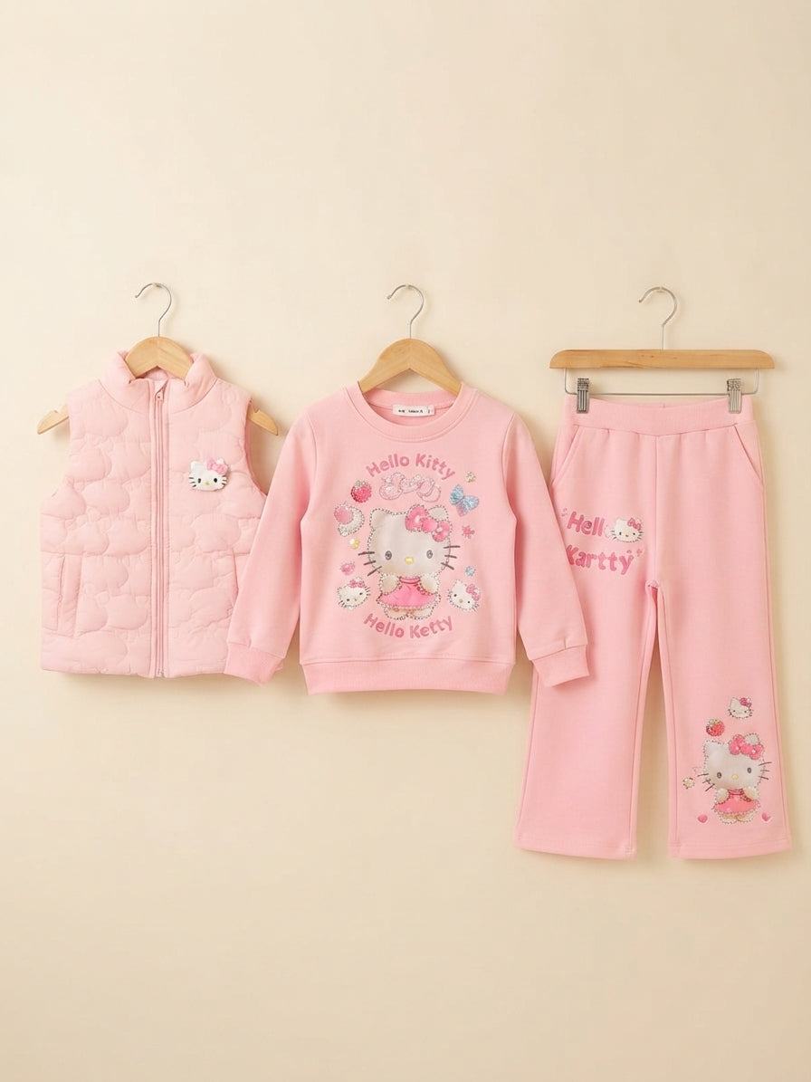 Girls Stylish 3-Piece Winter Outfit Set Featuring Quilted Vest Sweatshirt And Matching Trousers (Copy)