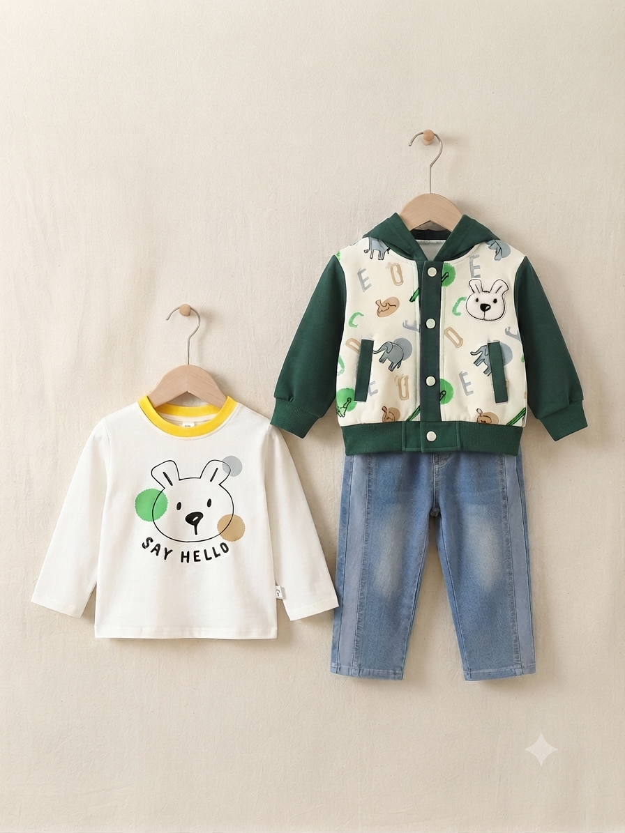 Cute Baby Boy Outfit Set With Printed Hoodie T Shirt And Comfortable Denim Jeans
