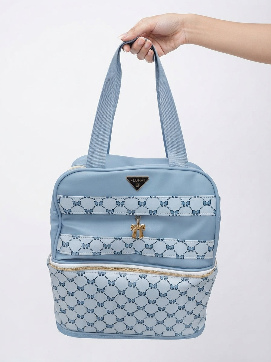 Elegant Dual-Compartment Butterfly Print Tote Bag with Gold Bow Accent