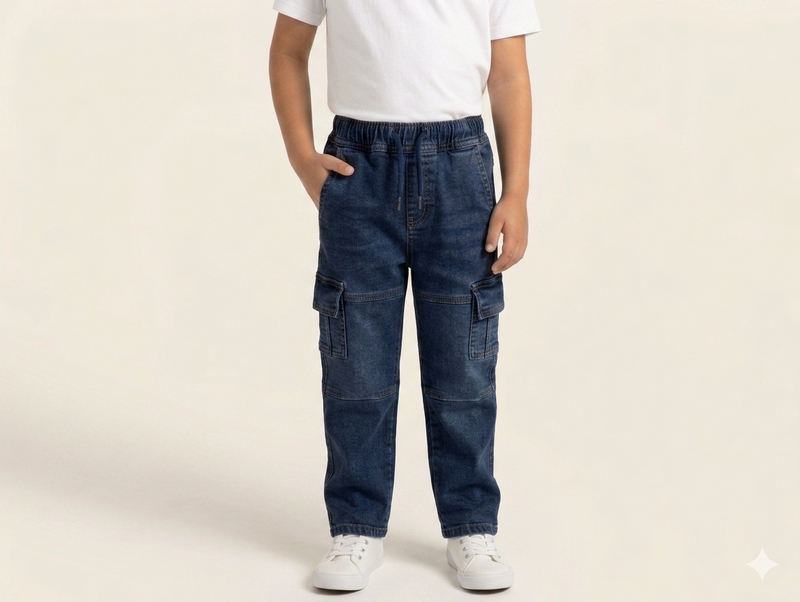 Boys Durable Dark Wash Denim Cargo Joggers with Elastic Drawstring Waist and Functional Side Pockets