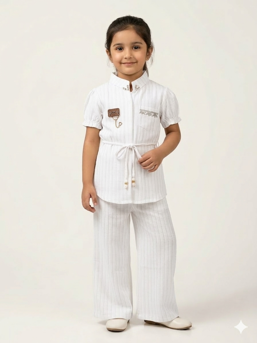 Chic Girls Pinstripe Tunic and Wide Leg Pant Set with Waist Tie and Embroidery
