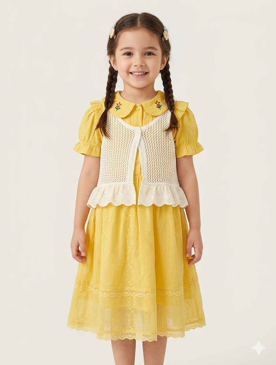 Little Girls Floral Embroidered Puff Sleeve Dress with Ruffled Pointelle Knit Waistcoat Vest Set