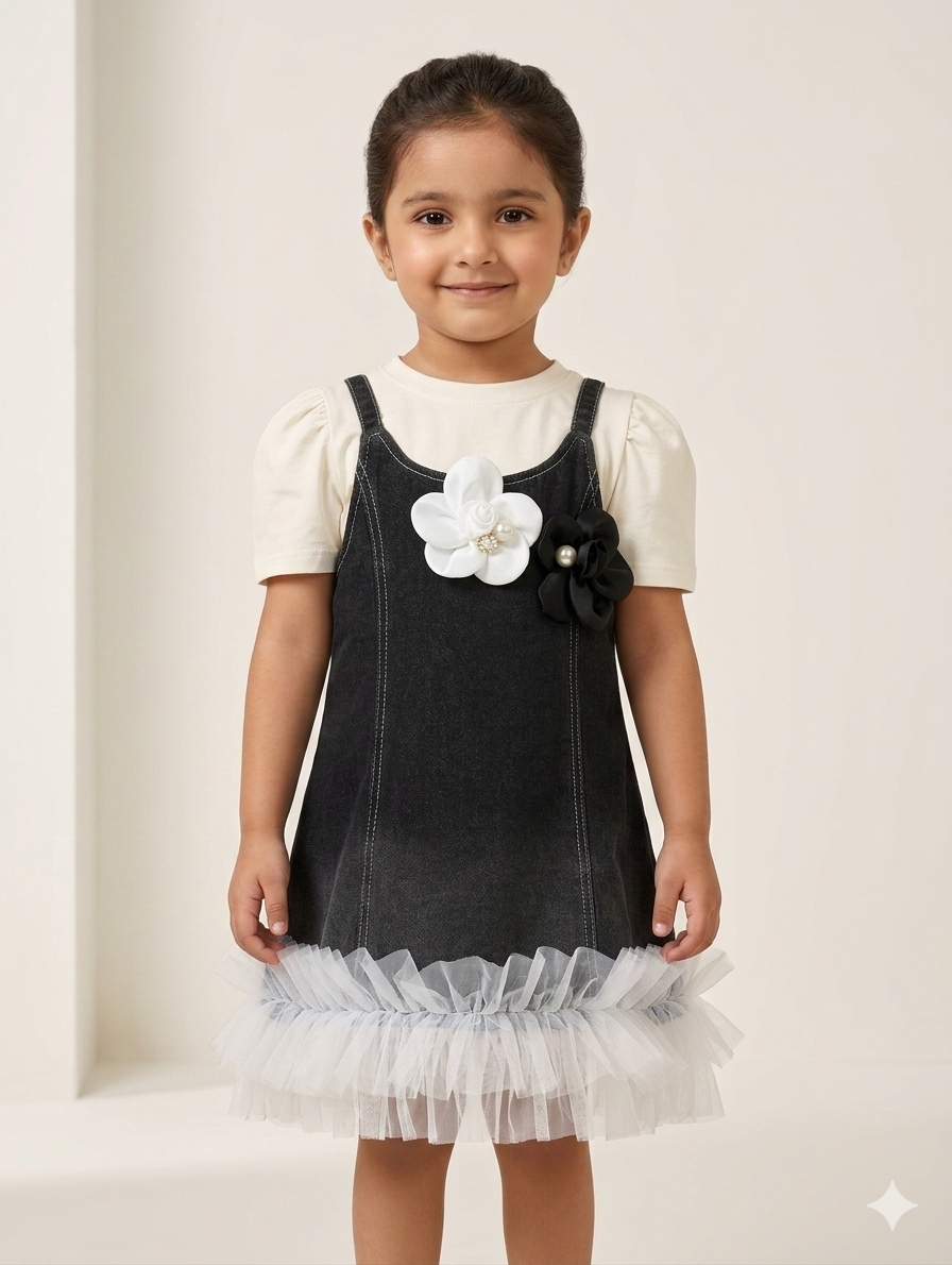 Little Girls' Floral Denim Pinafore Dress with Layered Tulle Hem and Puff Sleeve Tee