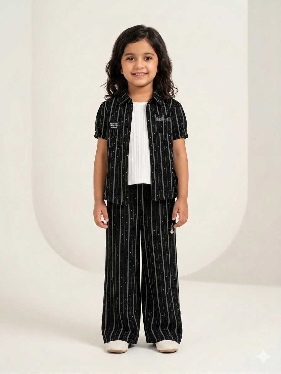 Girls' Three-Piece Pinstripe Co-ord Set with Button-Down Shirt, Ribbed Inner Tank, and Trousers