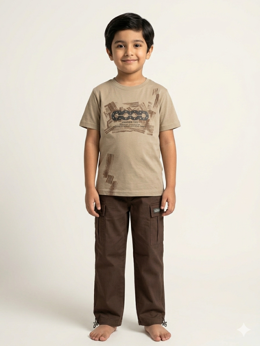 Boys' Earth-Tone Graphic T-Shirt and Rugged Cargo Pants Two-Piece Casual Everyday Summer Outfit