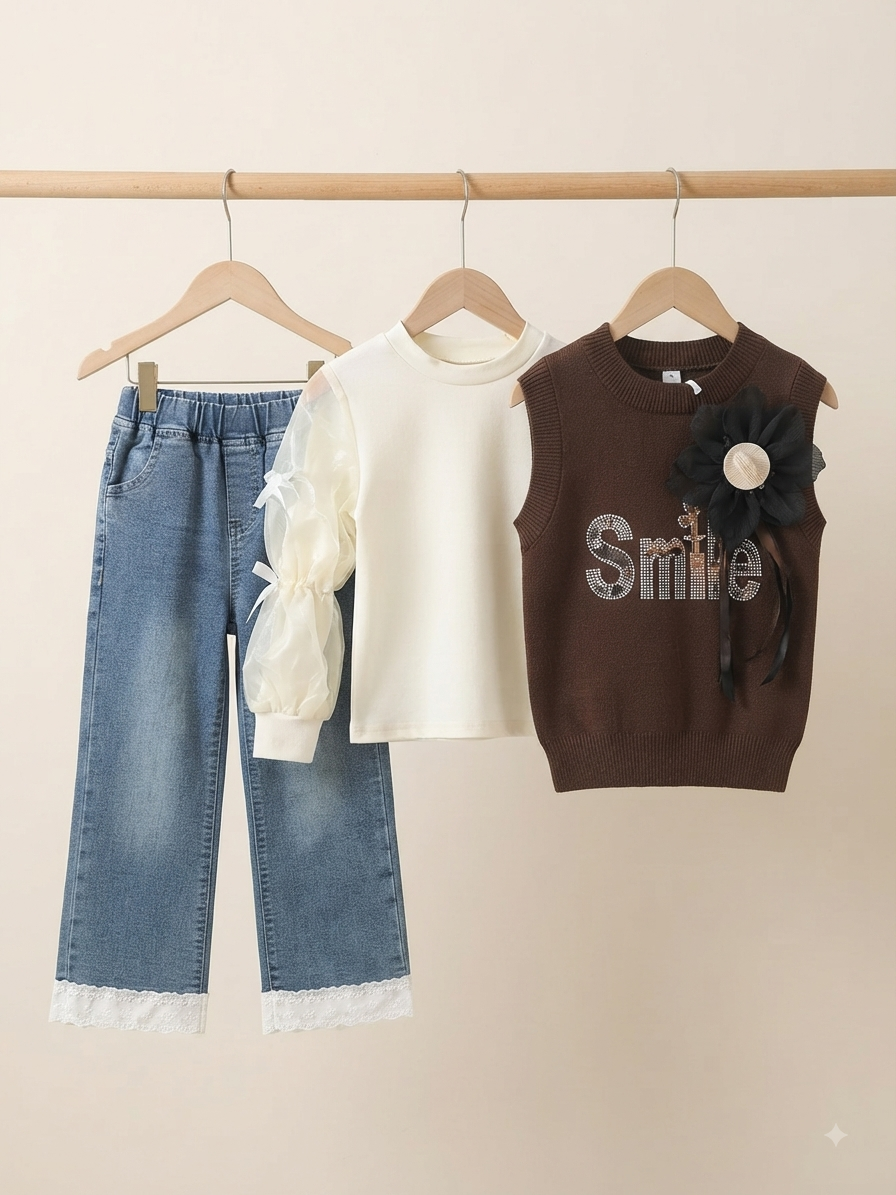 Stylish 3-Piece Girls Outfit Set with Knit Vest, Sheer Sleeve Top, and Glittery Pants