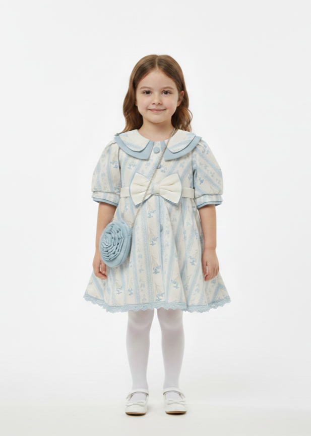 Girls' Vintage Floral Tea Party Dress with Peter Pan Collar and Matching Rose Purse