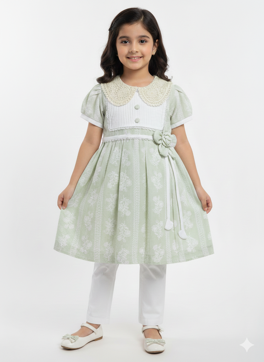 Girls Vintage Floral Frock and Trouser Set - Elegant Pastel Lace Collar Party Dress