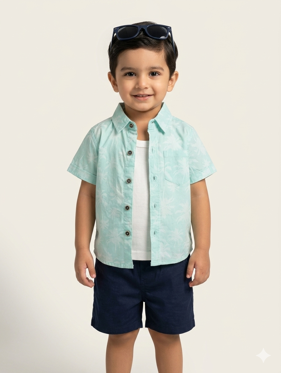 Toddler Boys' Tropical Palm Print Button-Down Shirt and Navy Chino Shorts Three-Piece Summer Set