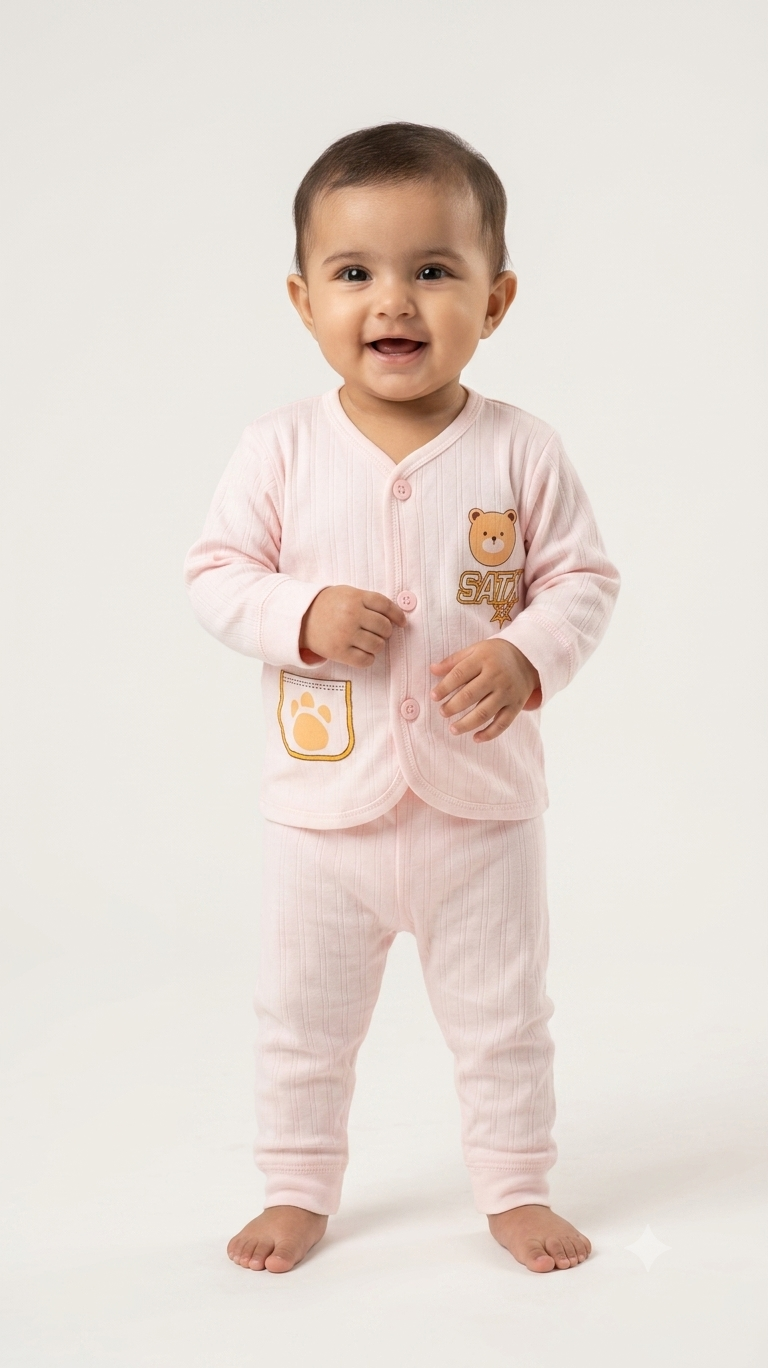 Adorable Soft Ribbed Cotton Baby Sleepwear Set with Cute Bear Print & Pocket
