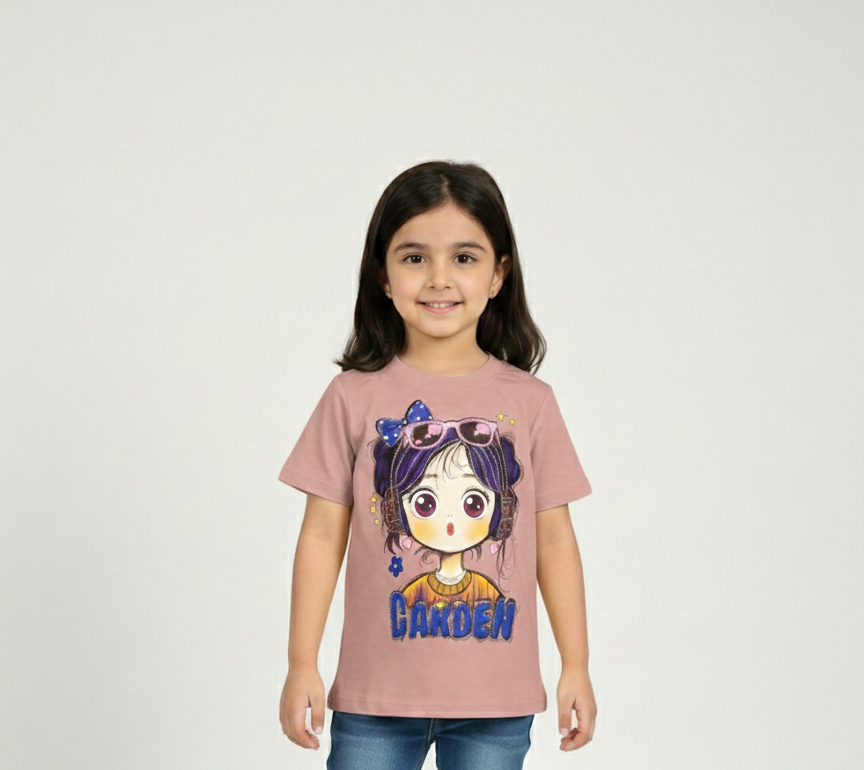 Girls' Graphic T-Shirt - Cute Cartoon Character Print in Pink, Yellow, and Tan