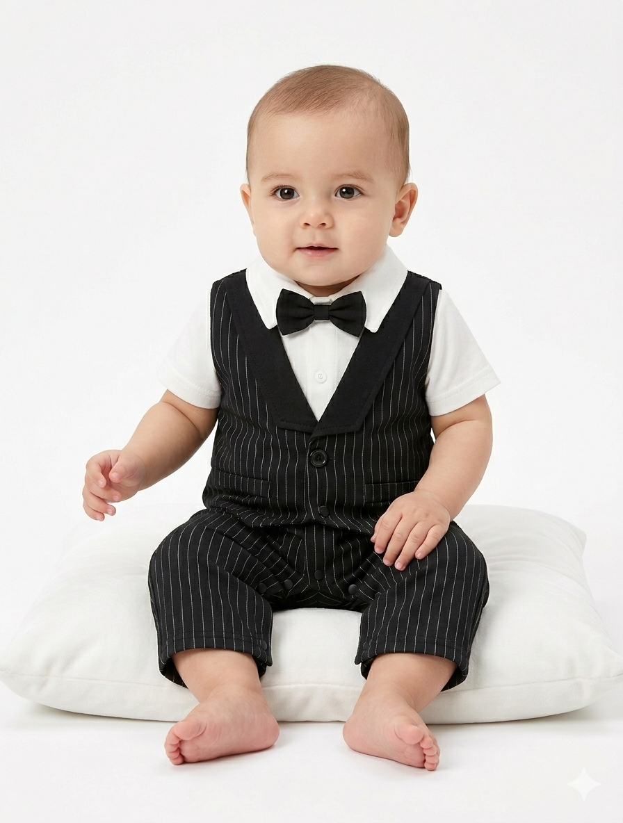 Baby Boys' Formal Pinstripe Gentleman Romper with Vest and Matching Bow Tie Set
