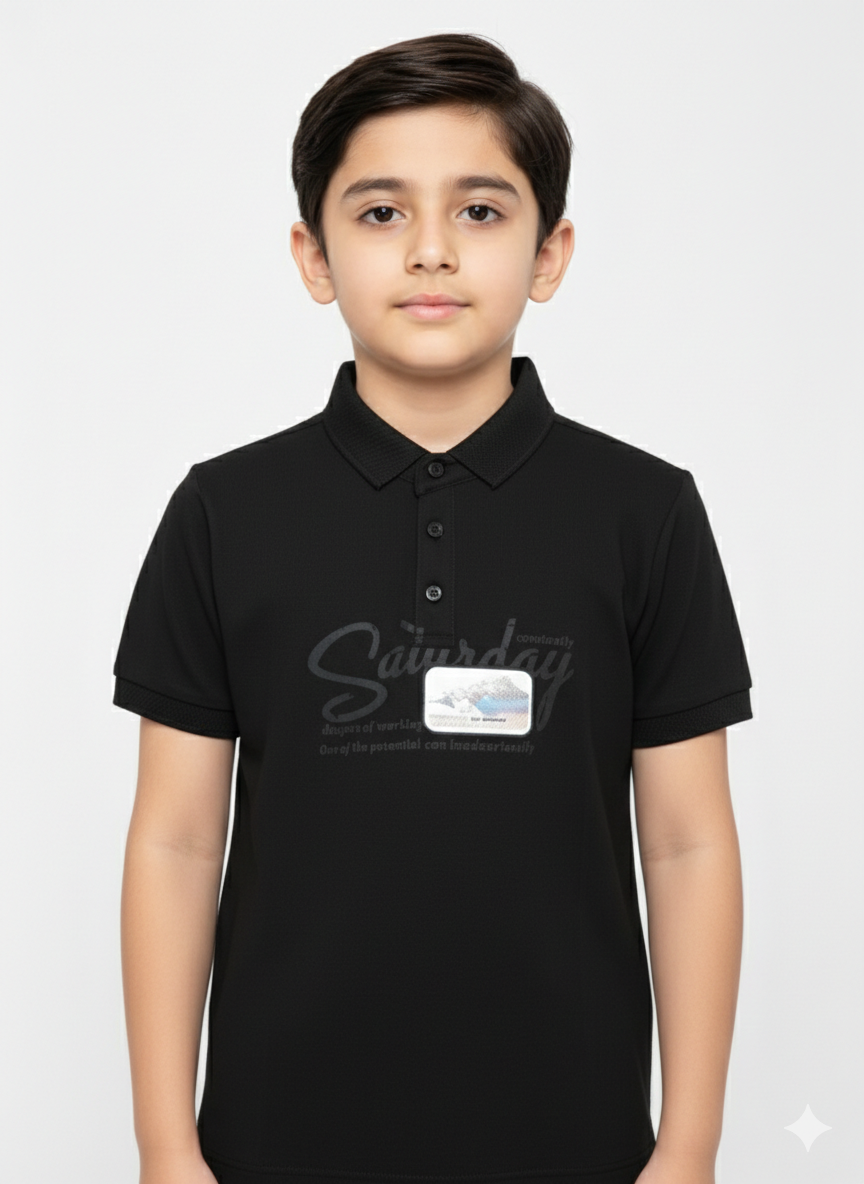 Classic Boys "Saturday" Graphic Polo Shirt Available In Multiple Colors For Versatile Weekend Styling