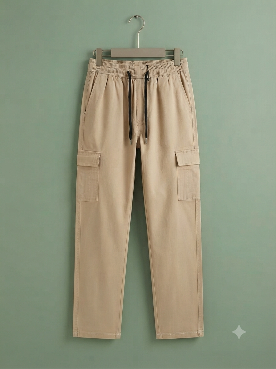 Stylish Kids Beige Cargo Trousers With Elasticated Drawstring Waistband And Side Pockets