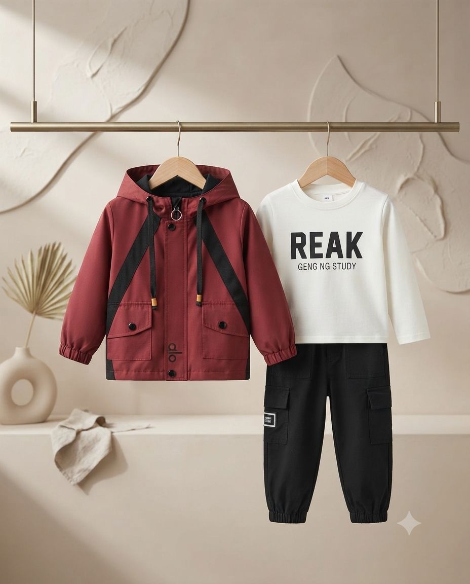 Boys Trendy 3-Piece Outfit Set: Graphic T-Shirt, Black Cargo Pants, And Hooded Jacket
