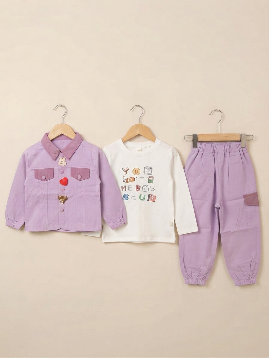 Charming pink three-piece outfit featuring a button jacket, cotton shirt, and comfy trousers.