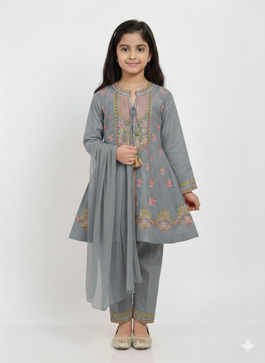 Girls' Embroidered A-Line Kurta Set with Tapered Trousers and Matching Chiffon Dupatta - Festive Wear