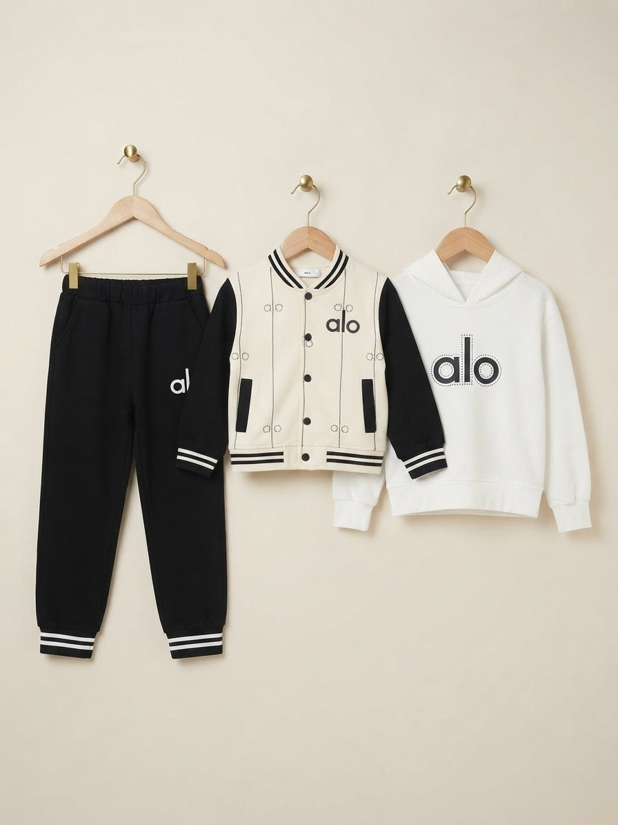 Trendy 3 Piece Alo Tracksuit Set With Jacket And Hoodie For Stylish Kids Casual Wear