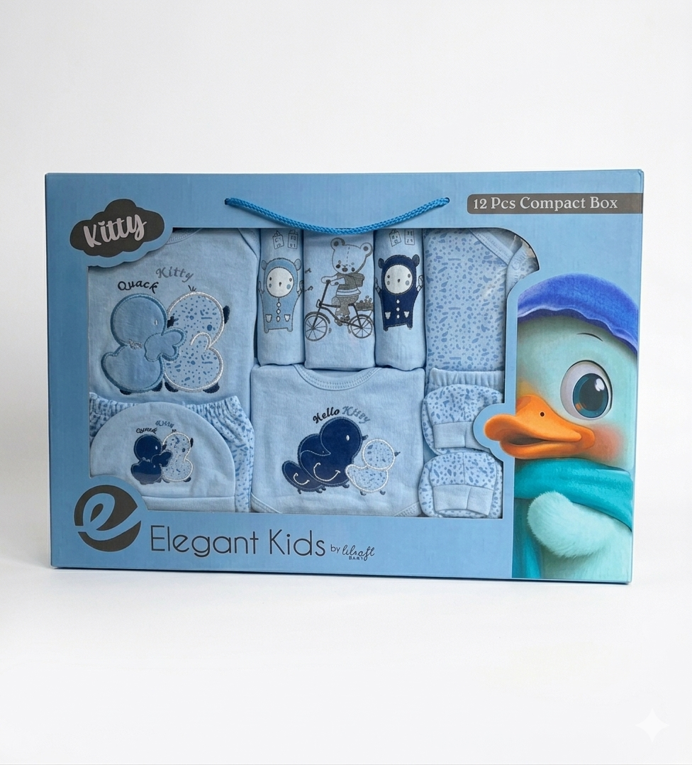 Elegant Kids 12-Piece Kitty and Duckling Theme Baby Gift Set in Blue, Gray, Pink