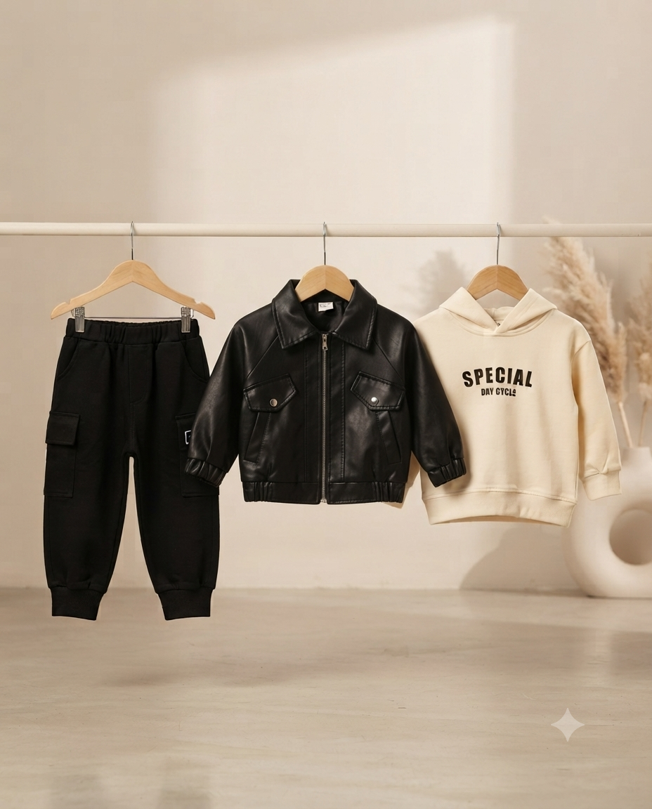 Stylish Three Piece Boys Outfit Set Leather Jacket Hoodie And Cargo Pants