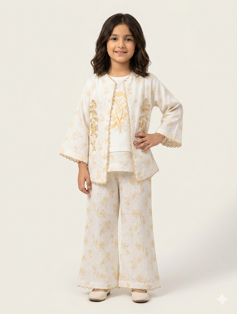 Girls Elegant Scalloped Three Piece Floral Suit with Pearl Embellished Jacket and Wide Leg Trousers