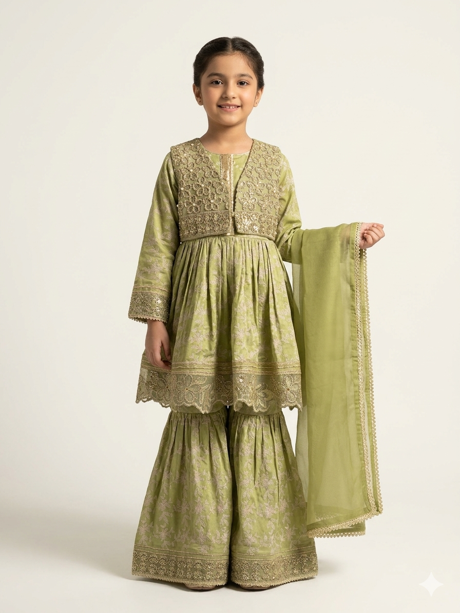 Elegant Girls Embroidered Gharara Set with Mirror Work Waistcoat and Matching Net Dupatta Suit